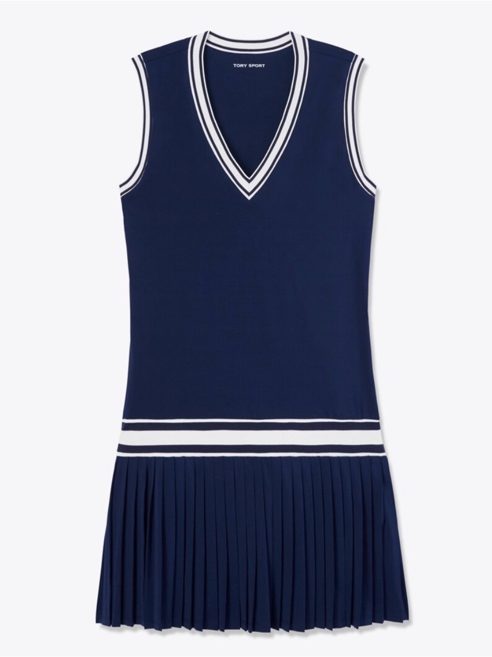 Tory Sport Navy and White Sleeveless Pleated Athletic Dress